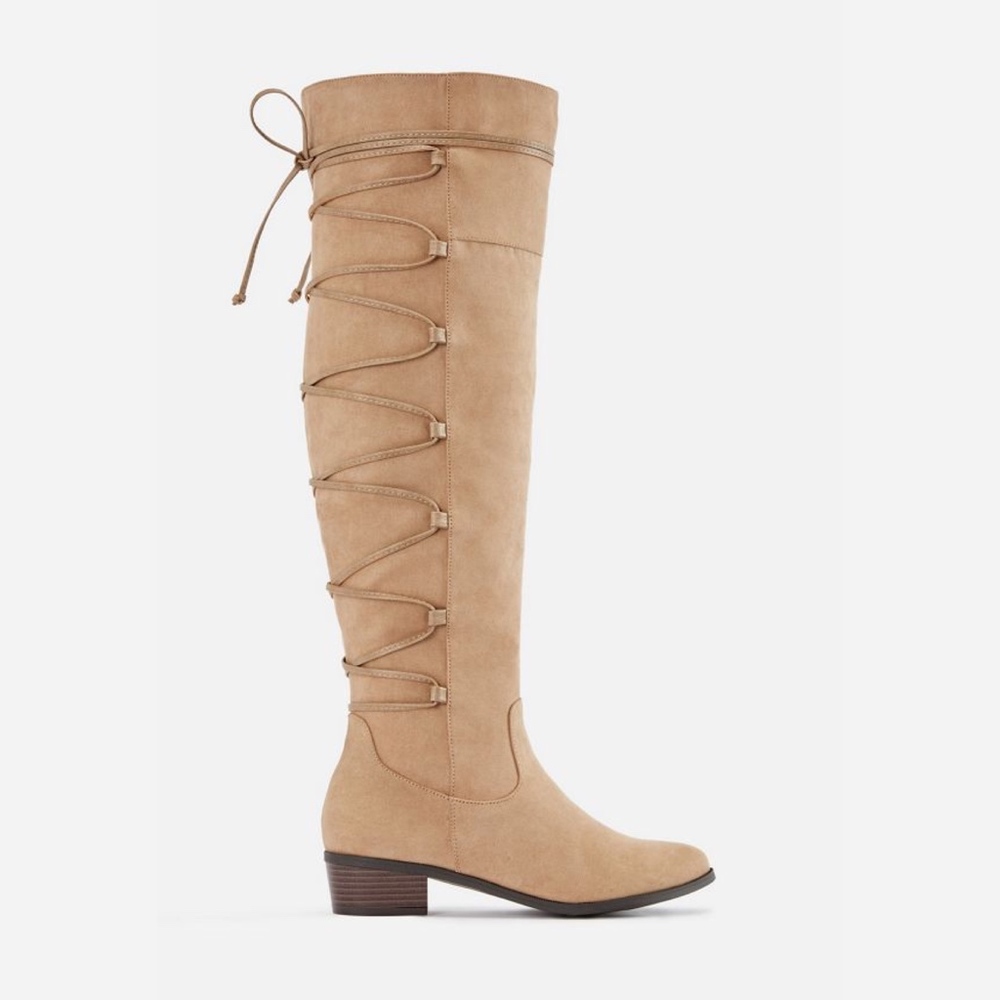 JustFab NWB Beckett Corset Back Riding Boot Taupe